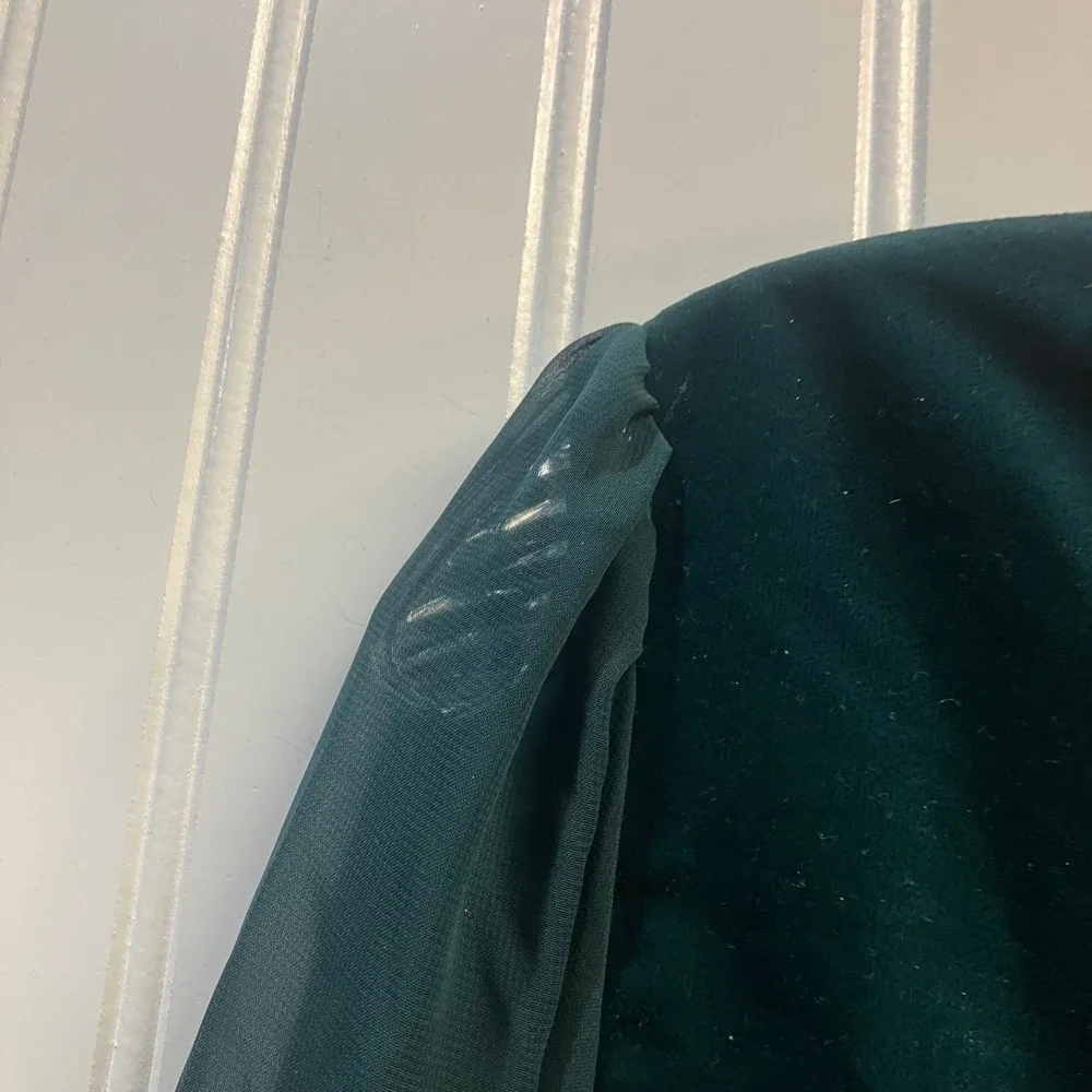 J. Crew Forest Green Velvet Shift Dress Sheer Long Sleeve Mini CE630 6 NWT Flaws